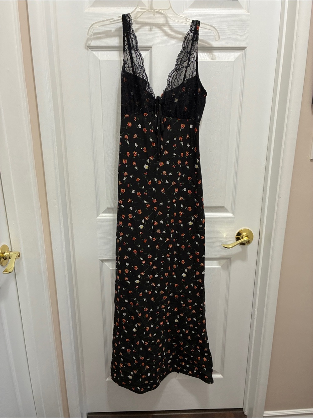 SHEIN Black Floral Lace-Trim Maxi Dress SEXY SZ L Slip Dress